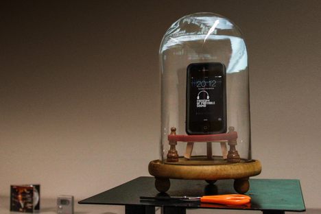The Museum of Portable Sound before its Grand Opening Gala in November 2015. The tiny ribbon in front of the phone was cut with the tiny pair of scissors.