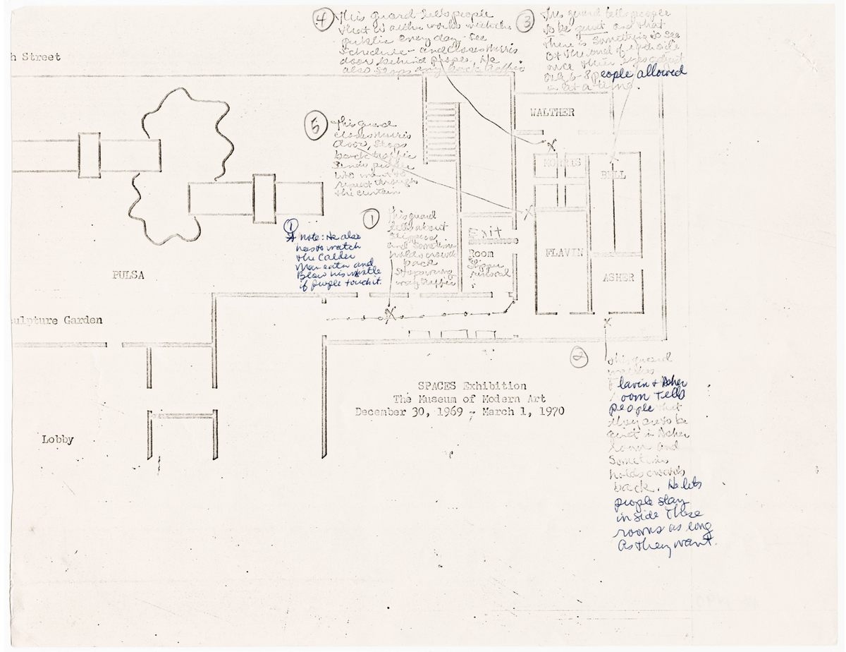 A floor plan for the 1969 exhibition <em>Spaces</em>, the museum’s first foray into site-specific installation art, with specific instructions for security guards about what visitors could do in each space.