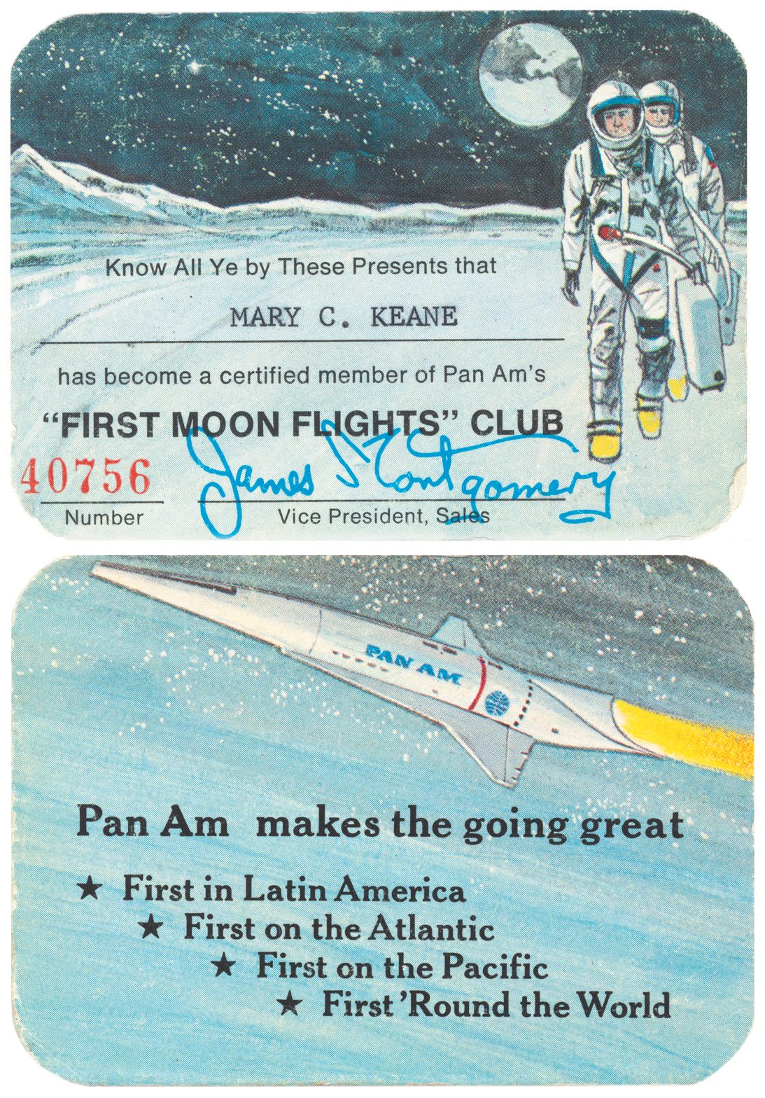 PanAm's "First Moon Flights Club" card. The Club was created in 1968 for passengers to reserve a seat on a commercial flight to the Moon. 