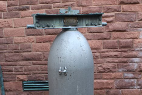 Shell of a dud air mine used from 1949 to 1962 as church bell.