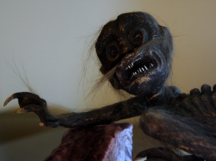 Closeup of the face of the Feejee Mermaid.
