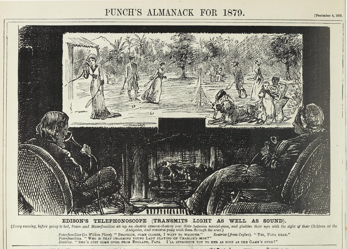 "Edison's Telephonoscope," a satirical cartoon by George Du Maurier from the December 1878 issue of Punch Magazine.