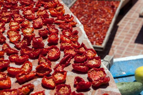 Santorini tomatoes dry in the summer sun.