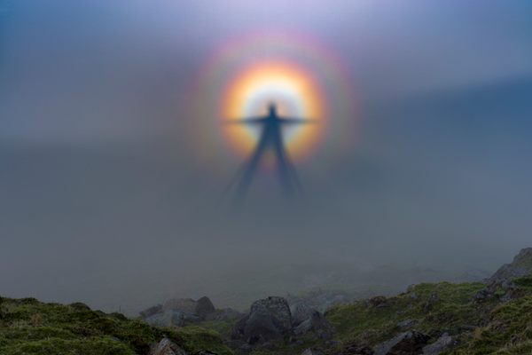 The Brocken spectre phenomenon, when a human's shadow seems enormous and far away, is the likely explanation for numerous sightings of so-called dark watchers in California's Santa Lucia Mountains.
