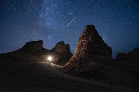 A Perseid meteor streaks across the sky above northwestern China on August 12, 2022. 