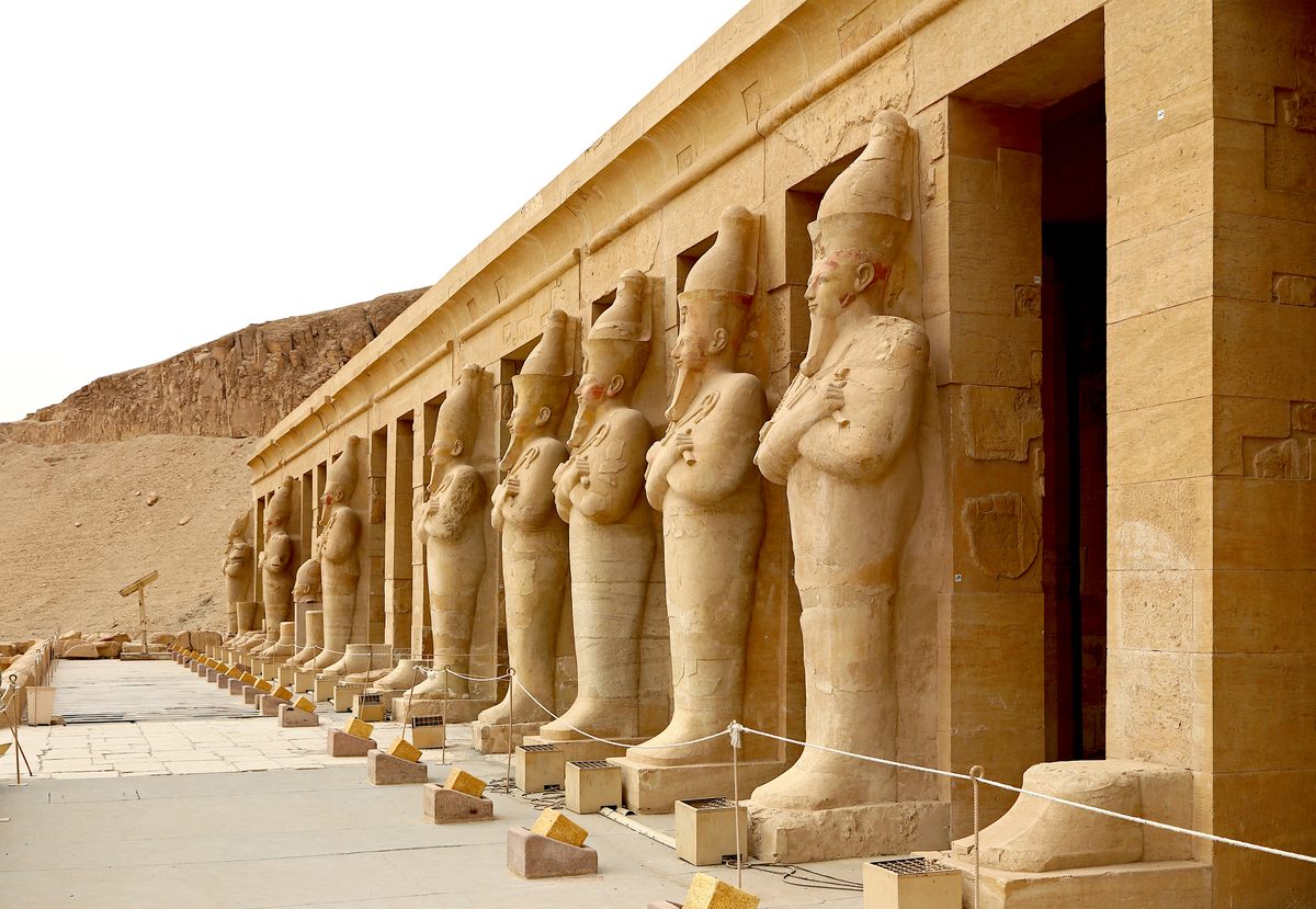 During her reign as pharaoh, Hatshepsut built this mortuary temple opposite Luxor featuring these carefully carved Osiride statues.