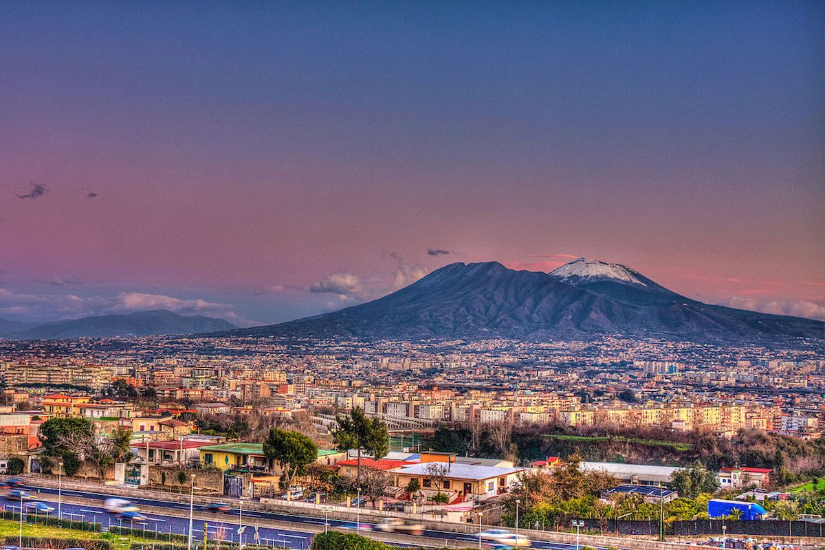 Mount Vesuvius towers over modern Naples.