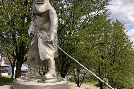 This statue stands in a park overlooking the site of a former mill.
