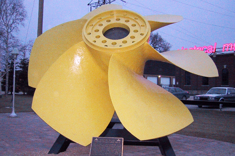 A hydroelectric turbine runner which originally was used at Manitoba Hydro's Great Falls generating station, and is now installed outside the museum. 
