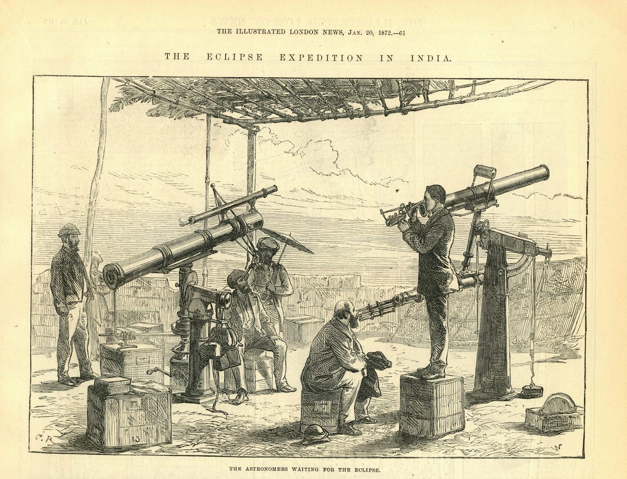 Have telescopes, will travel: English astronomers await an 1871 eclipse in India. 