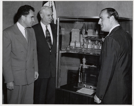 Vice President Nixon, Senator Bricker and Mr. Mosler viewing the scale model of the original National Archives vault.