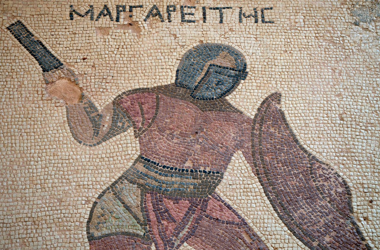 A detail from a third-century mosaic depicting two gladiators in combat from the House of Gladiators on Cyprus.