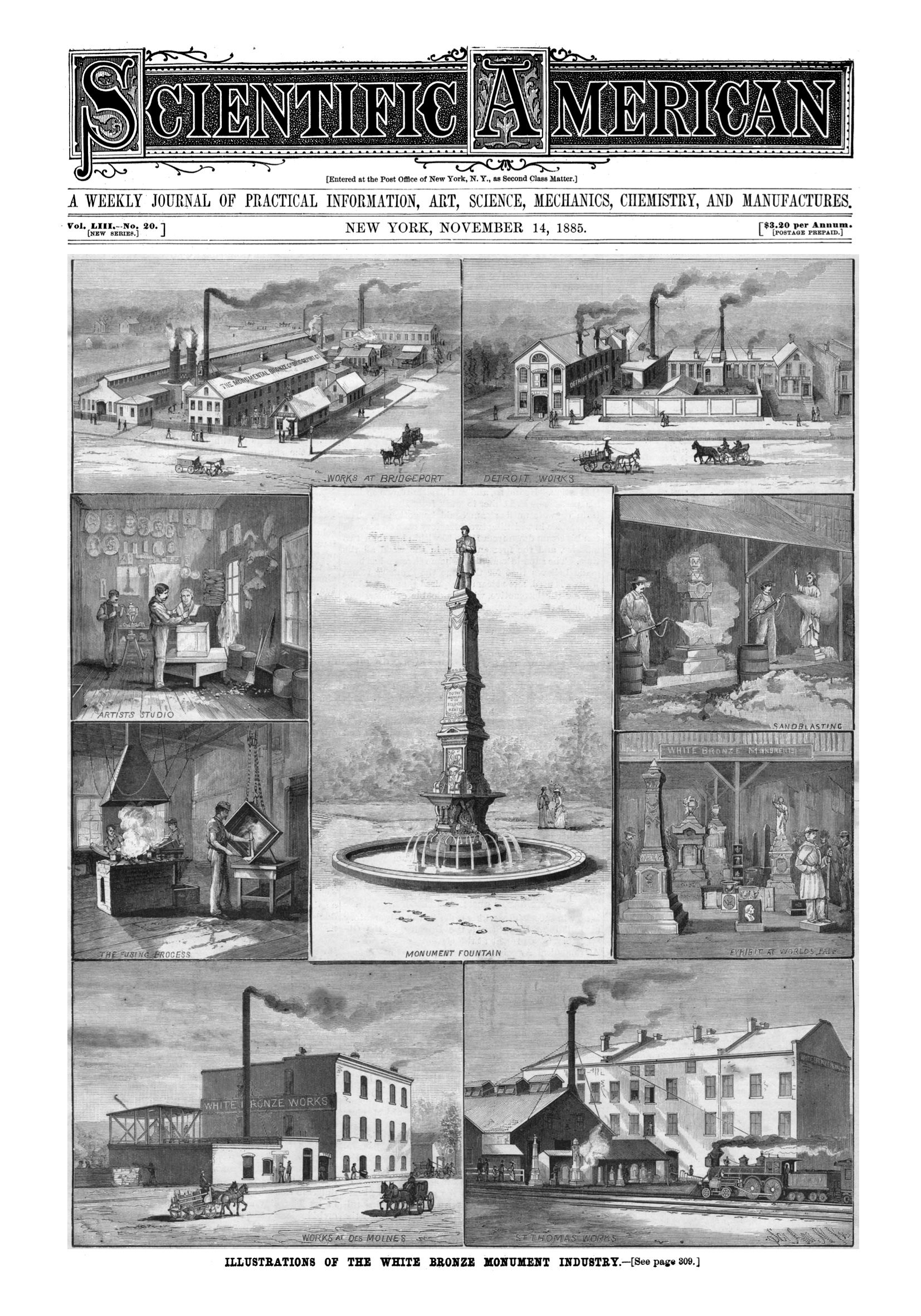 The cover of this 1885 issue of Scientific American was dedicated entirely to "The White Bronze Monument Industry"—aka Monumental Bronze Co.