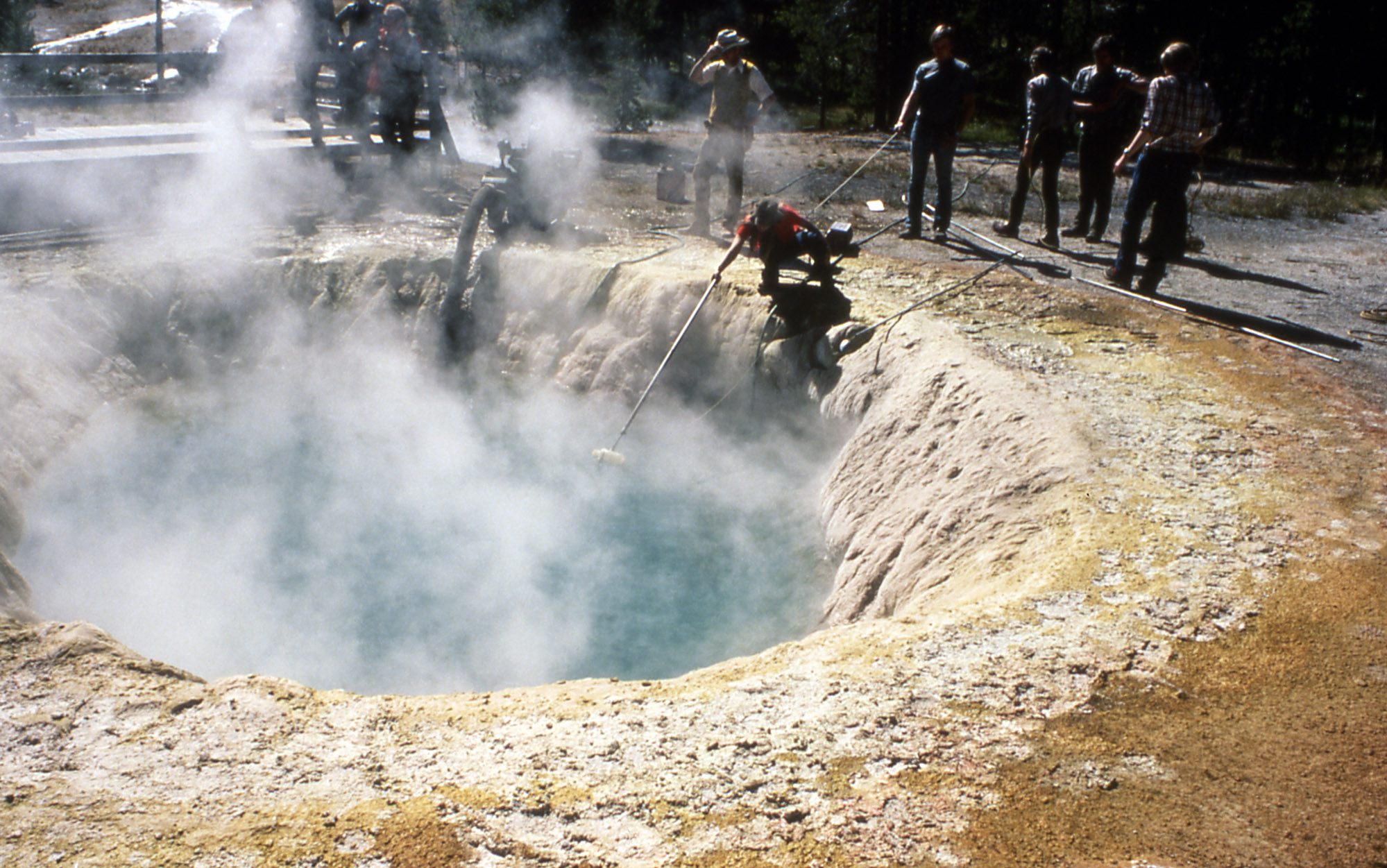 Yellowstone's Morning Glory Pool, being cleaned in 1975.  