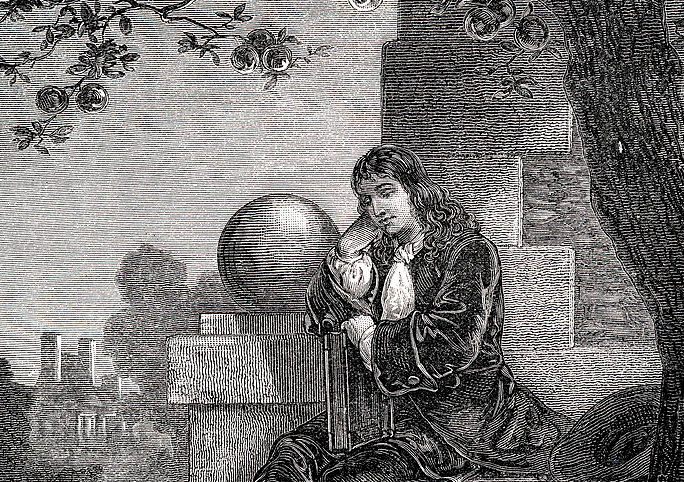 Isaac Newton, depicted gazing upon the apples that, according to legend, inspired his theories on gravity. 