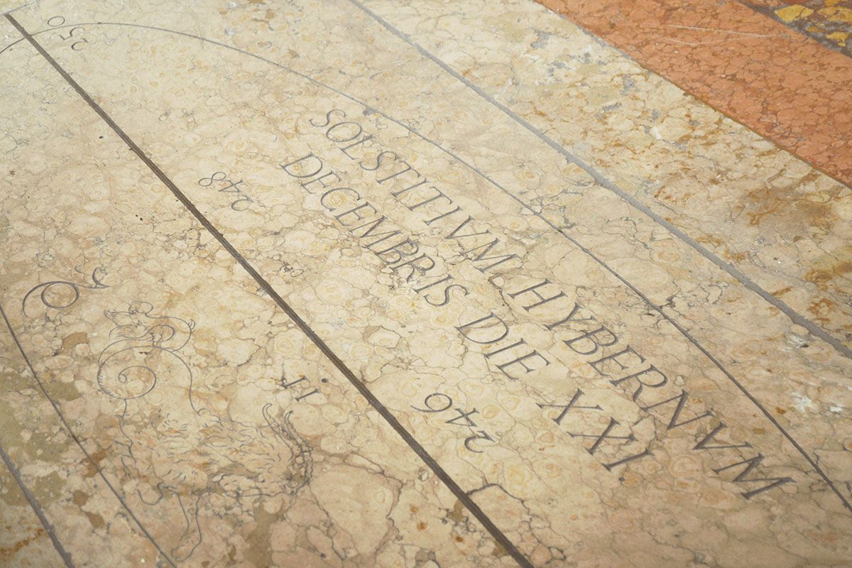 The winter solstice—Solstitium Hybernum—is marked on the cathedral’s marble  floor, accompanied by the mythological figure of Capricorn, one of the 12 signs of  the zodiac.