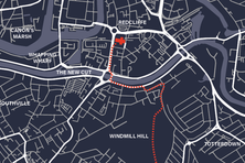 The annual pipe walk (shown in red) moves north from the ancient well, through neighborhoods and Victoria Park, before veering west to follow a 19th-century diversion.