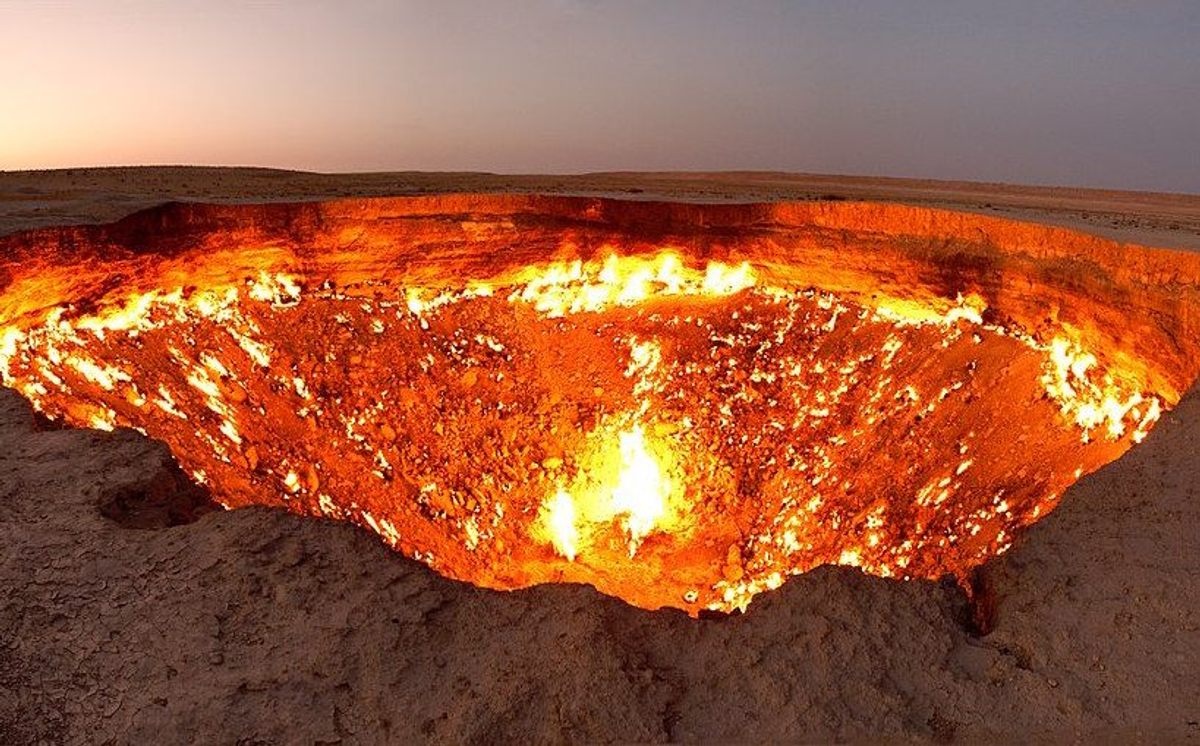 The Gates of Hell, a fiery crater in Turkmenistan, has been burning in the Karakum Desert since 1971. 