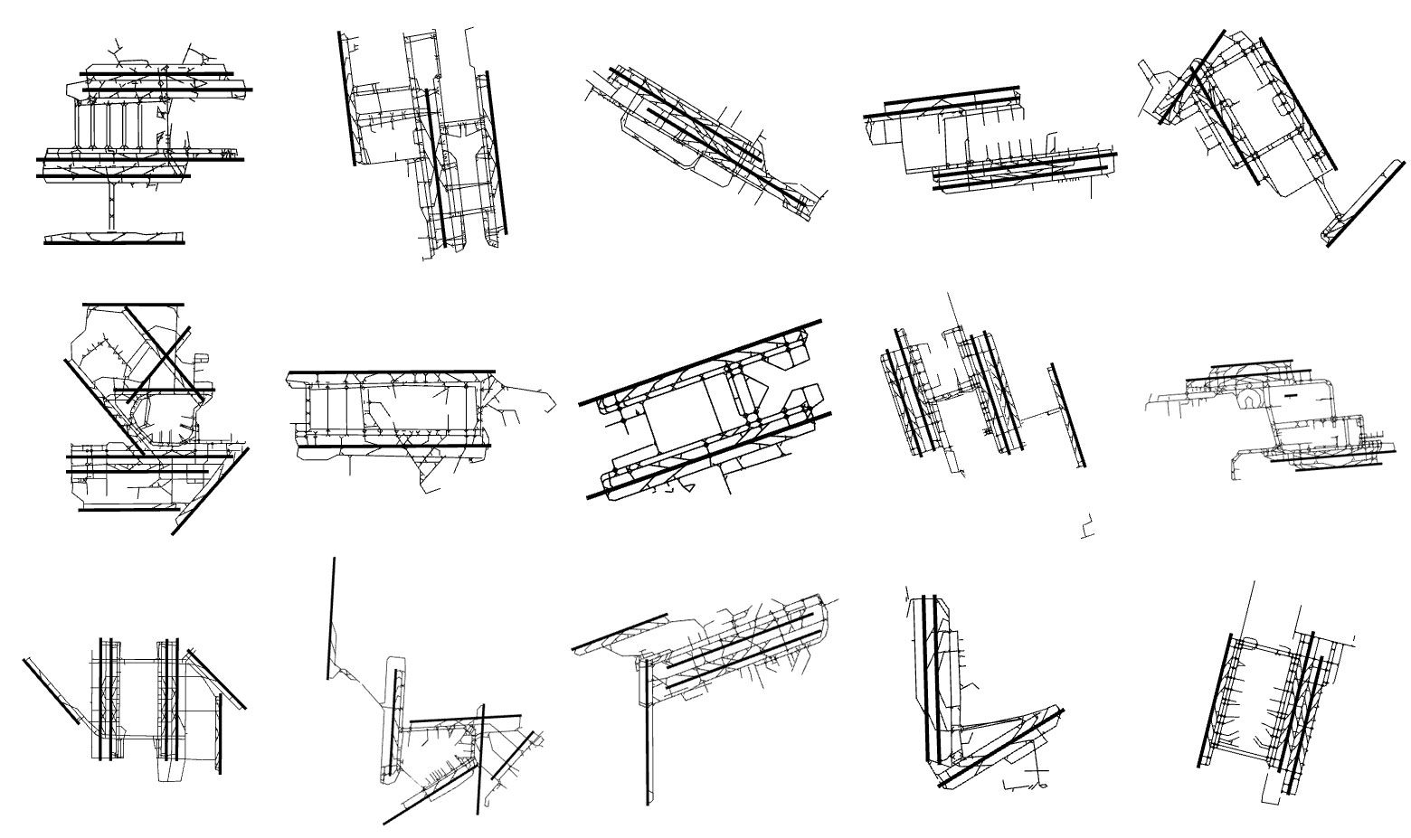 Fifteen of the world's busiest airports, pared down by Sarmiento.(From left to right: ATL, PEK, DXB, LAX, HND, ORD, LHR, HKG, PVG, CDG, DFW, AMS, FRA, IST, CAN.) 