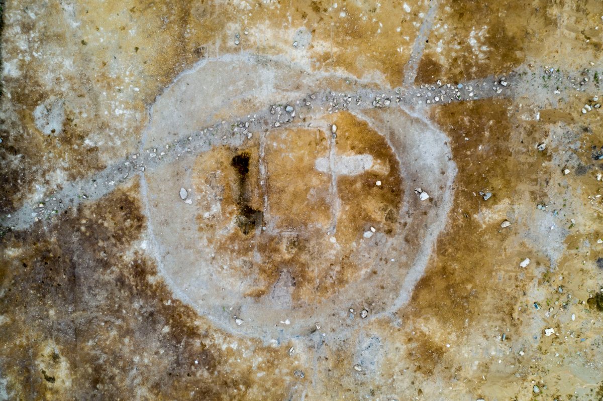 An aerial view of what remains of the Viking-era mortuary house and the mound that sat atop of it.