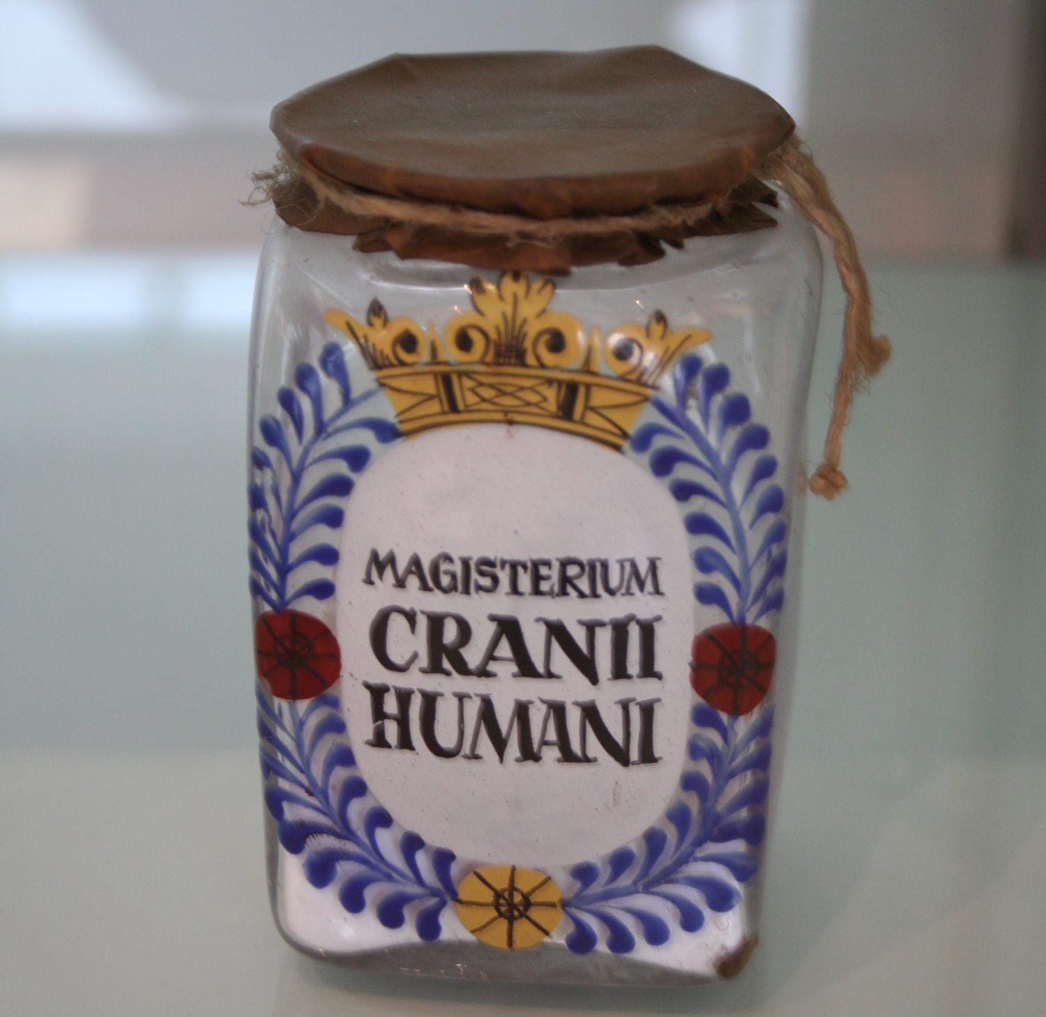 This jar once held human skull residue for medical use.