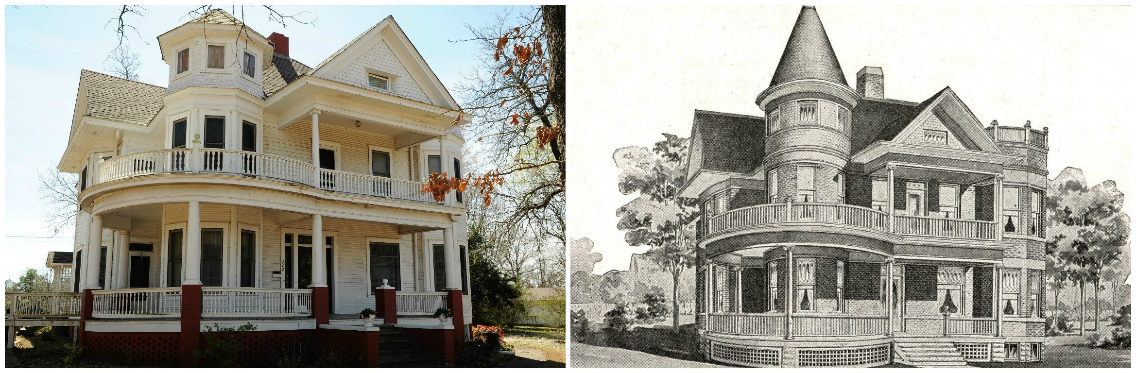 A modern-day Sears 303, next to its 1910 catalog image. The 303 is one of the rarest Sears kit homes