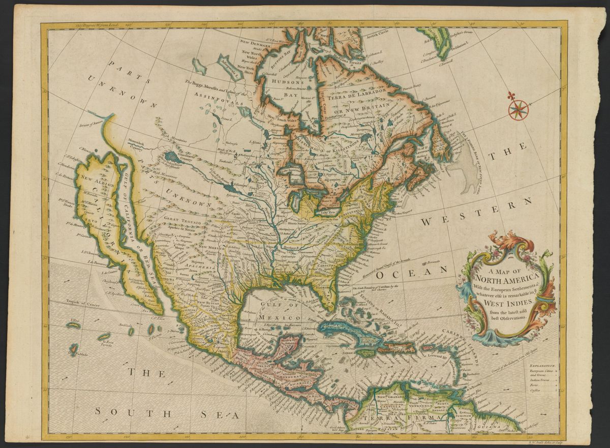 Map by Richard William Seale, created in London in 1745. While the East Coast is shaping up with names and borders still recognizable today, the West Coast is still dominated by that huge, floating island—rendered in great detail for added believability.