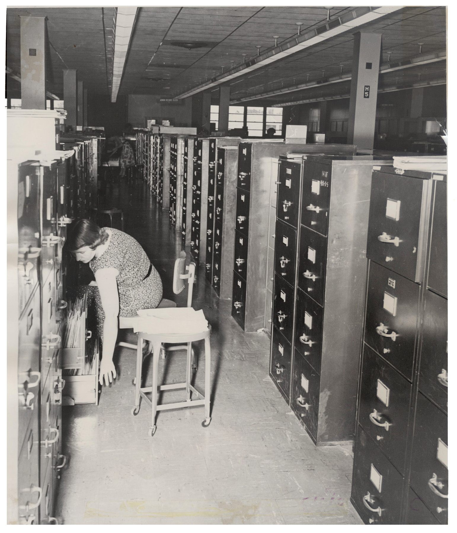 File cabinets at the Air Reserve Records Center in 1955, the same year Project 35.5 was carried out.