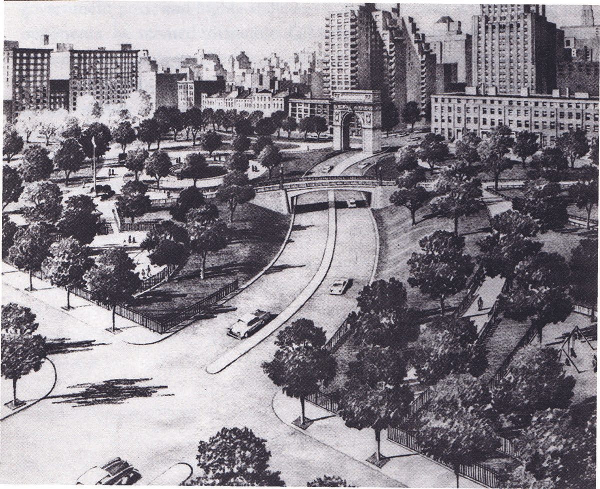 The 1961 proposal by Robert Moses to extend Fifth Avenue right through Washington Square Park.