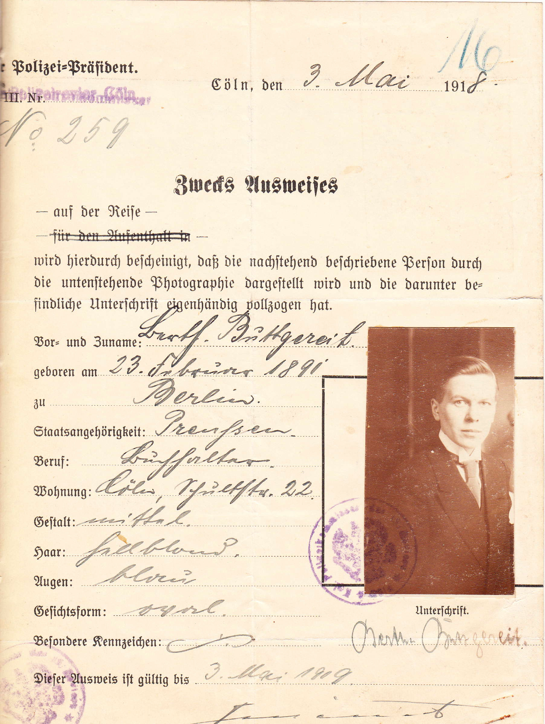Berthe, later Berthold, Buttgereit's travel pass makes no mention of tranvestitism. But "B.B. is not forbidden to wear man’s clothes" was written on the back. 