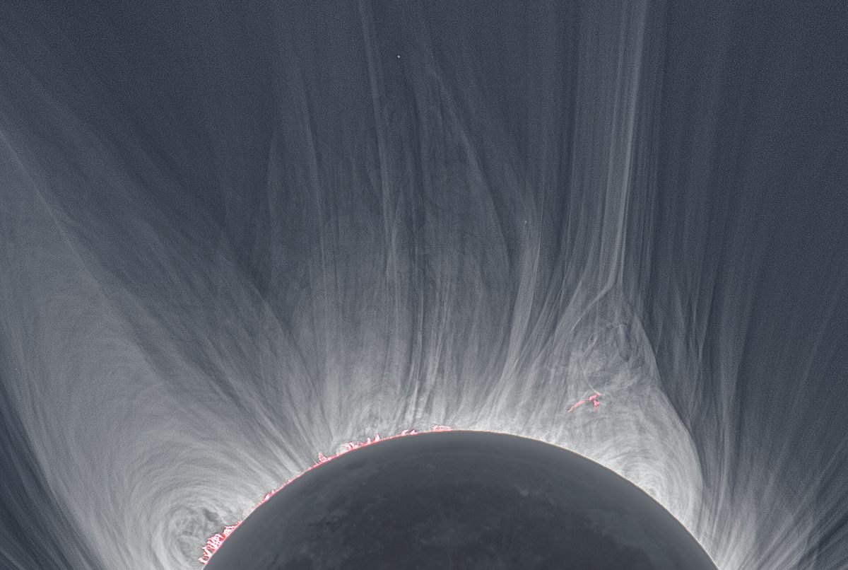A detailed view of a solar corona during an eclipse. This image was produced using 25 separate images during the 2008 eclipse in Mongolia.