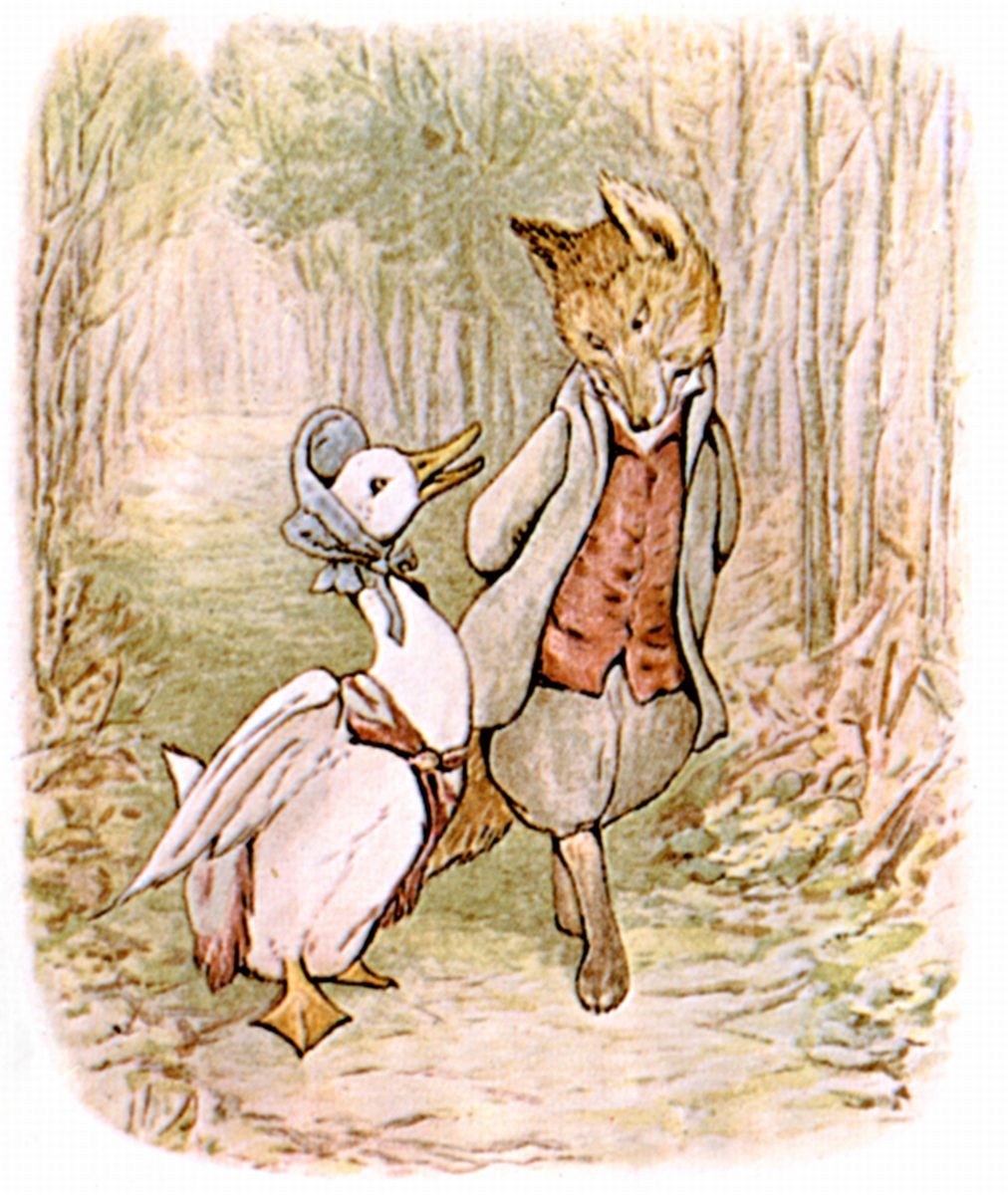 A fox and a goose go strolling in "The Tale of Jemima Puddle-Duck."