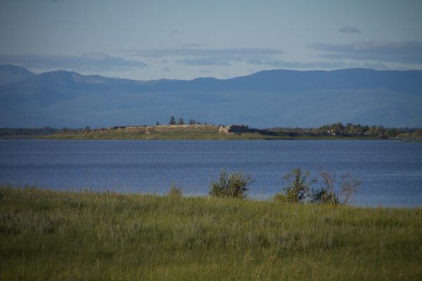The ruin sits on a spit of land in Lake Tere-Khol, in Tuva, Russia.