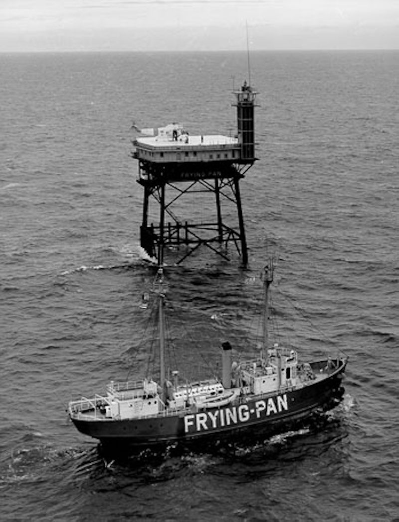 The Frying Pan lightship and tower, photographed in 1965, once warned ships to take it easy on the shoals.