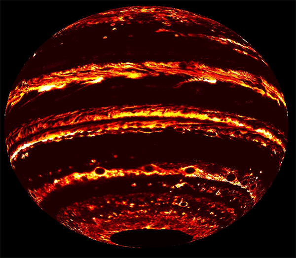 Infrared images taken by Juno show the planet's thermal emissions.