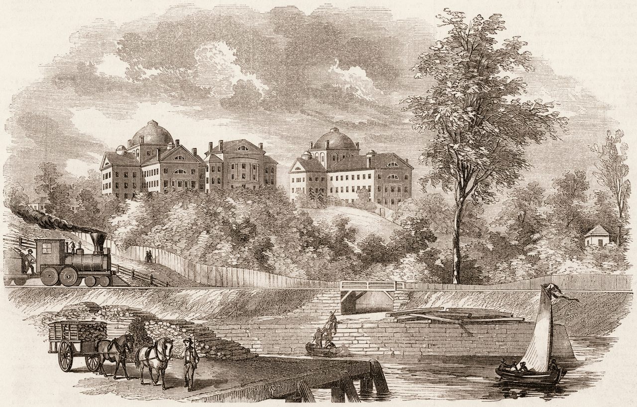 An engraving shows the Charles River and the McLean Asylum for the Insane, in Somerville, Massachusetts, in 1853. 