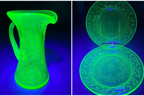 A small uranium-glass pitcher (left) and uranium glass plates (right).