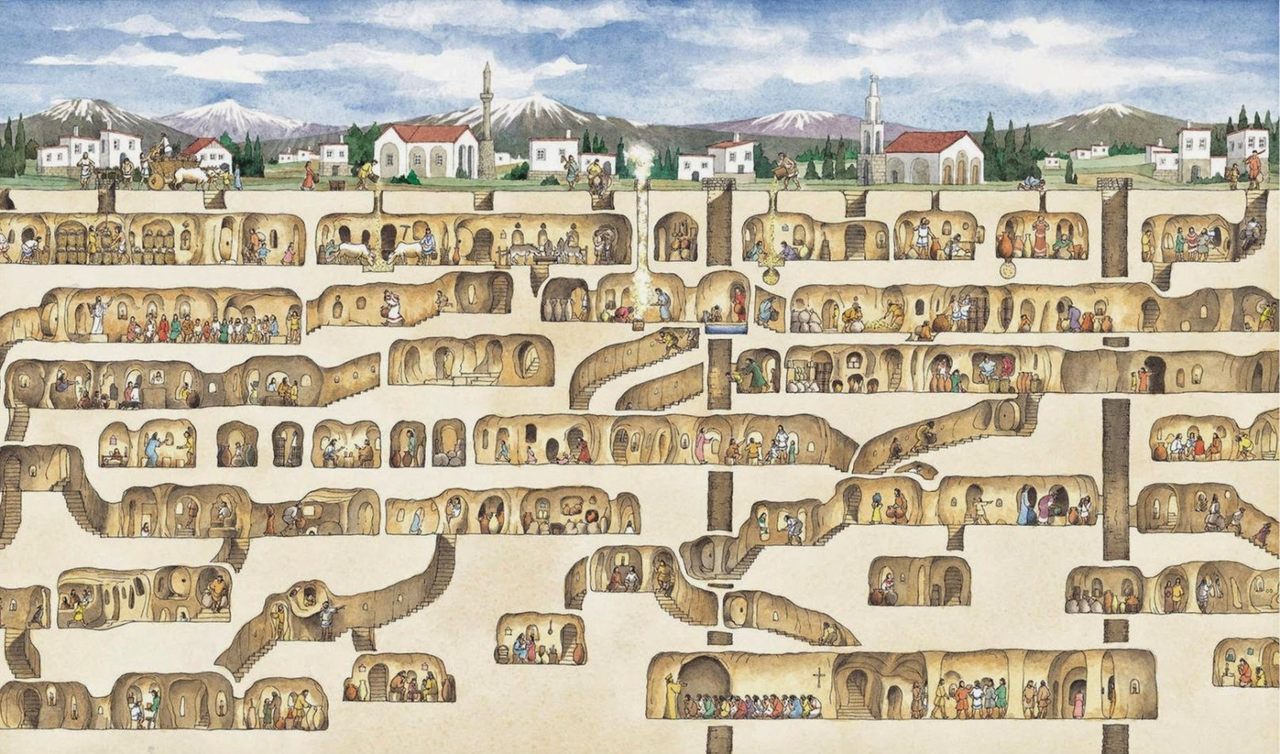 For perhaps thousands of years, local Cappadocians retreated underground when enemies approached. Their subterranean city, illustrated here, was rediscovered by accident. 