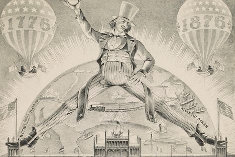 Brother Jonathan celebrates the American centenary by straddling the towers of the main building at the Philadelphia World's Fair of 1876.