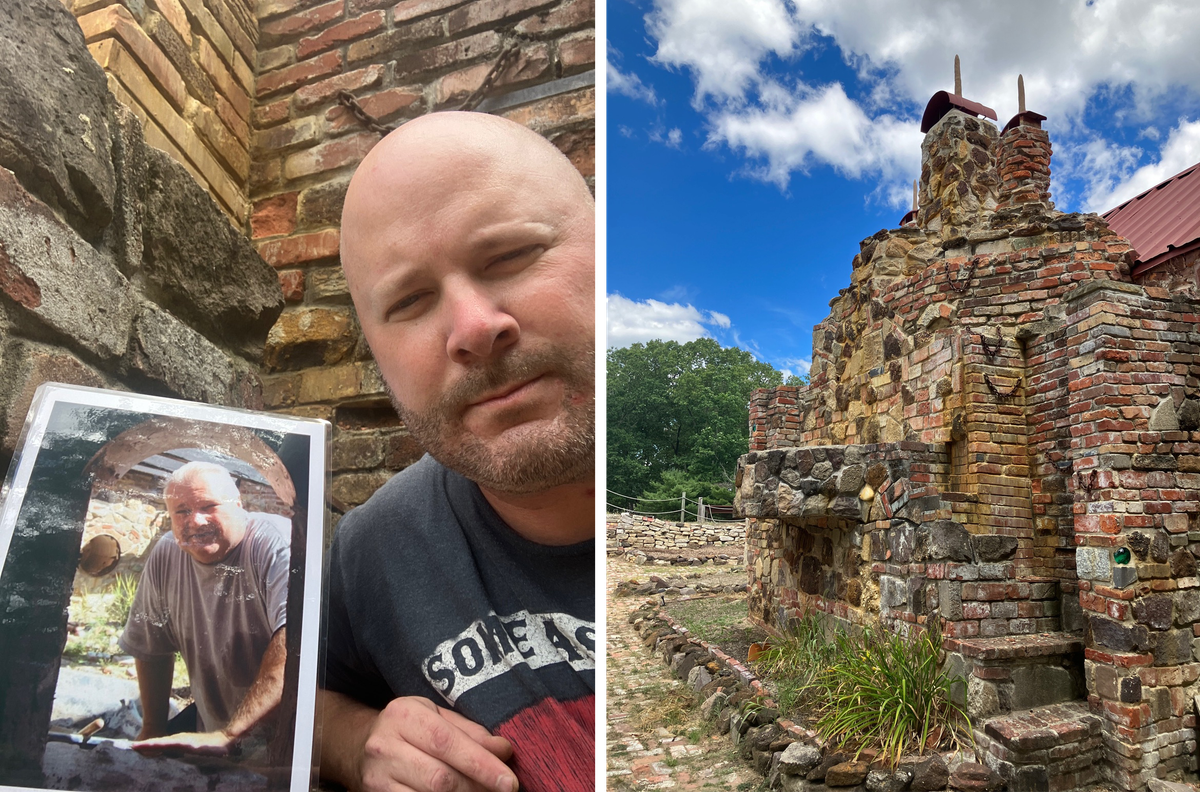 Kristian Kirchner (left), with a photo of his late father Kevin, was inspired to continue rebuilding the Palace of Depression.