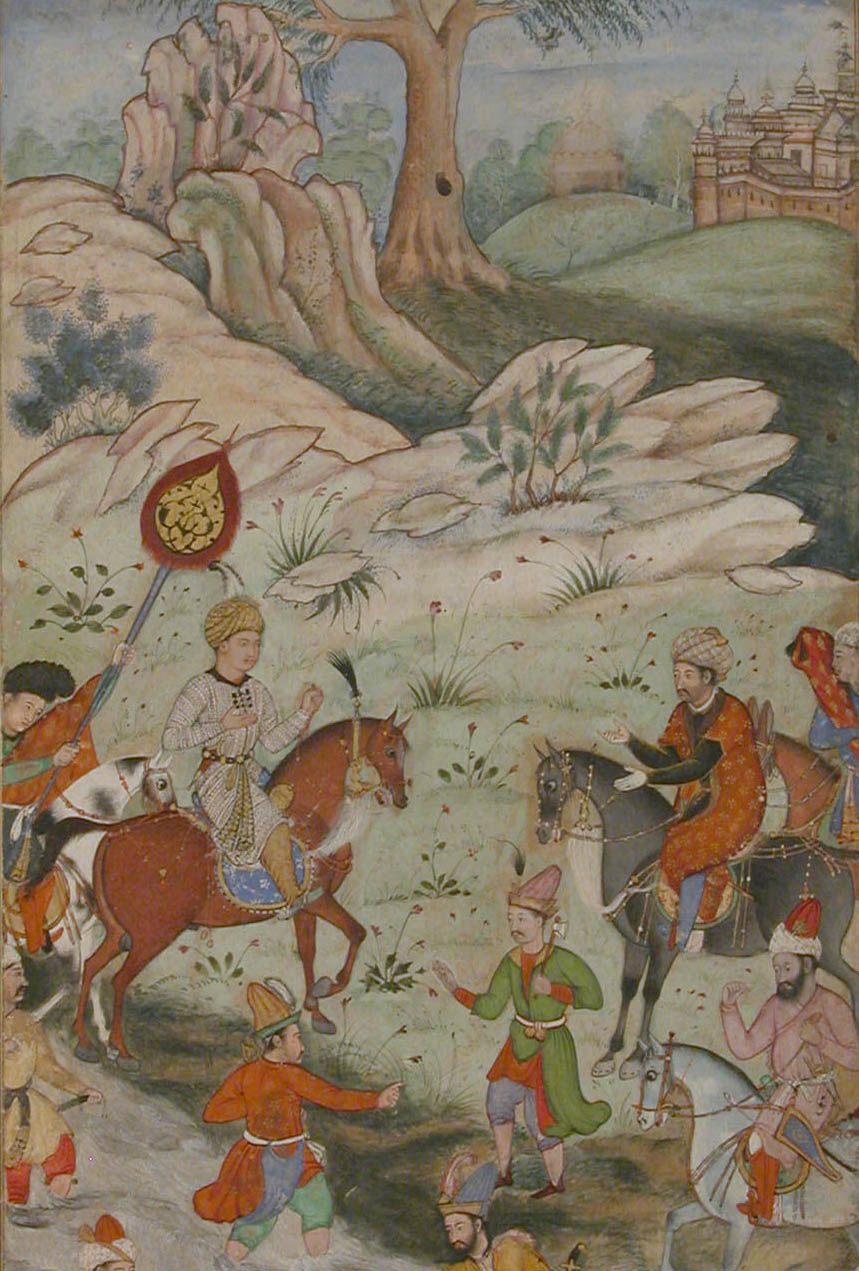 A depiction of Babur meeting Sultan 'Ali Mirza near Samarqand, from the <em>Baburnama</em>.