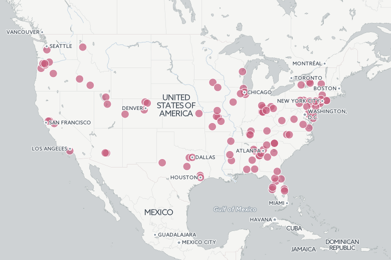 A screenshot of the interactive map that tracks over 100 clown signtings and threats across America, beginning in early August.