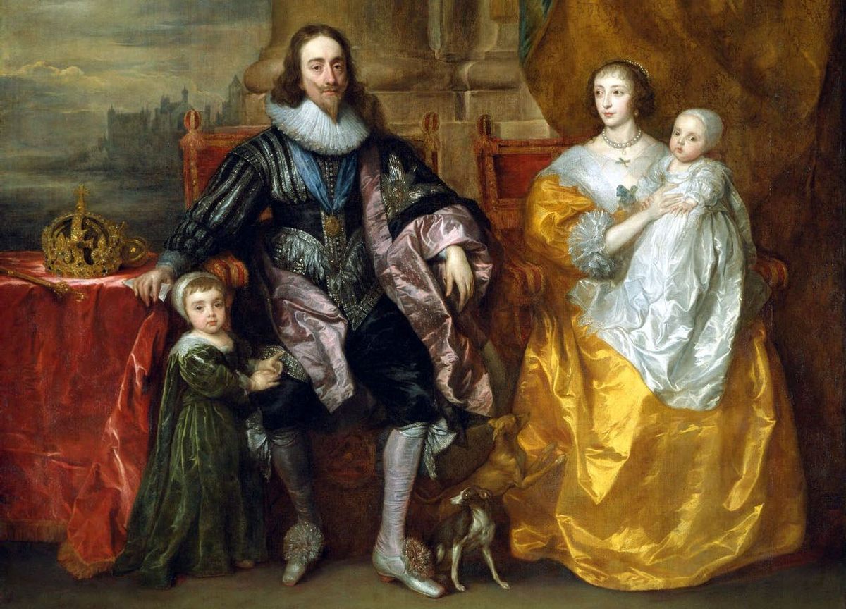 After the execution of Charles I, Henrietta Maria successfully lobbied for her son, Charles II (far left), to regain the English crown.  Anthony van Dyck's family portrait, shown here, was painted in 1632.