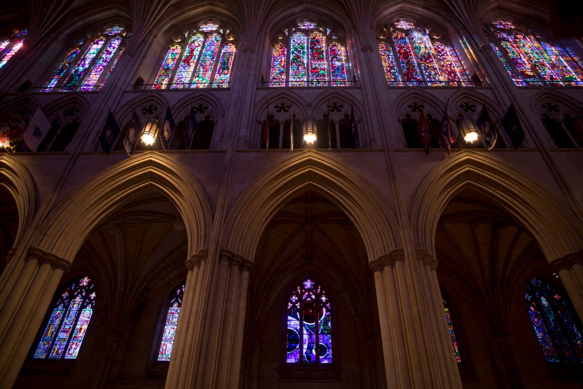 The traditional design of stained glass windows protected the moon rock during the 2011 earthquake that damaged the Cathedral.