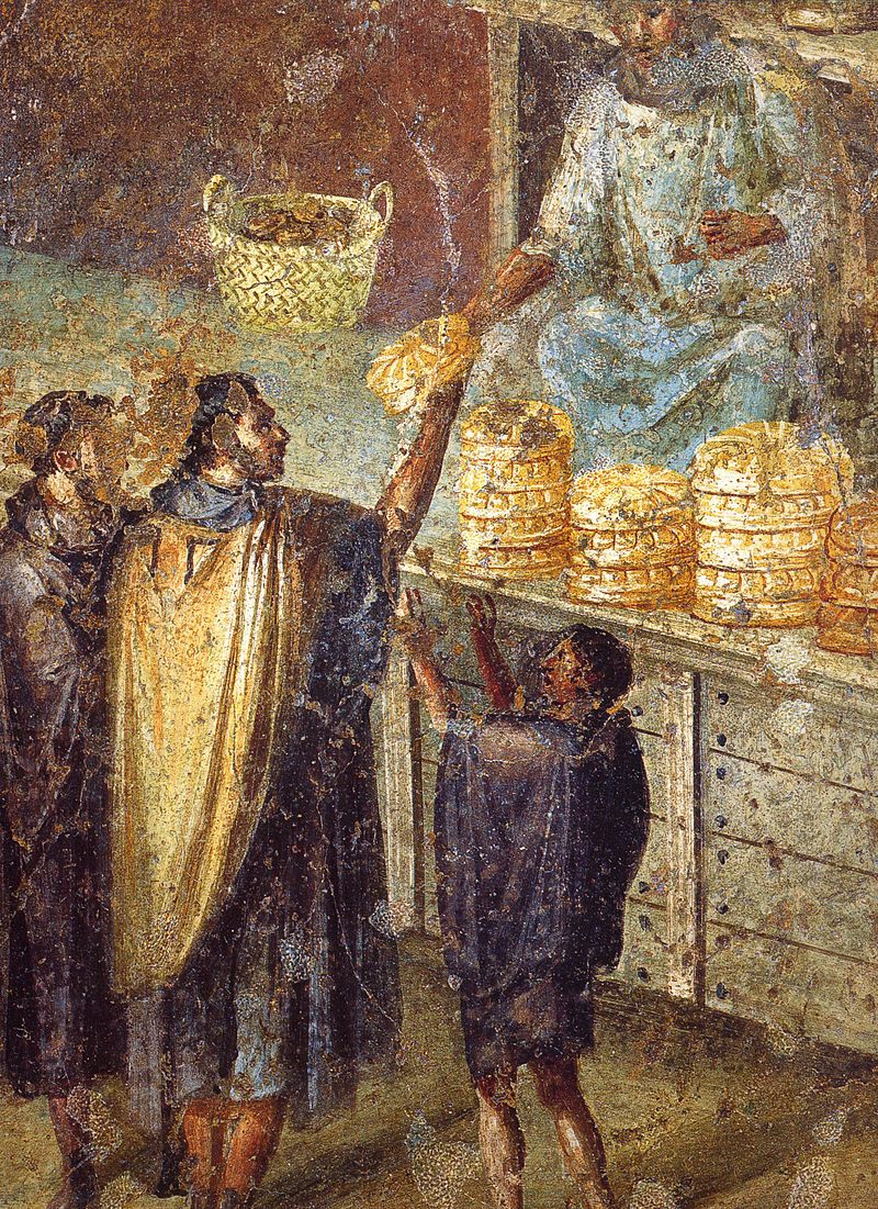 A fresco of bread changing hands from the wall of a villa in Pompeii, now at the National Archaeological Museum of Naples.