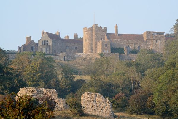 The Roman ruins in the foreground with the backdrop of Lympne Castle.