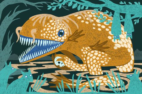 There are many depictions of the bunyip, but one common iteration is a cow-sized, aquatic wombat-like creature.