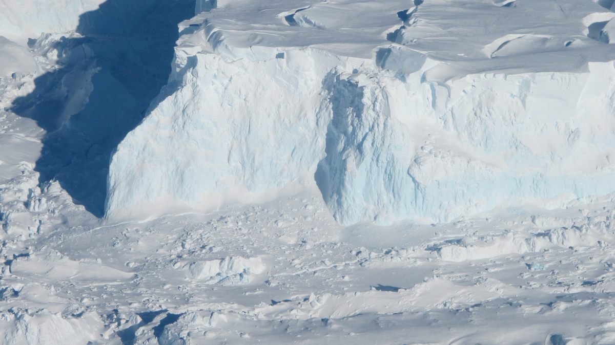 A close look at the Thwaites Ice Shelf edge shows denser, compressed areas of blue ice.