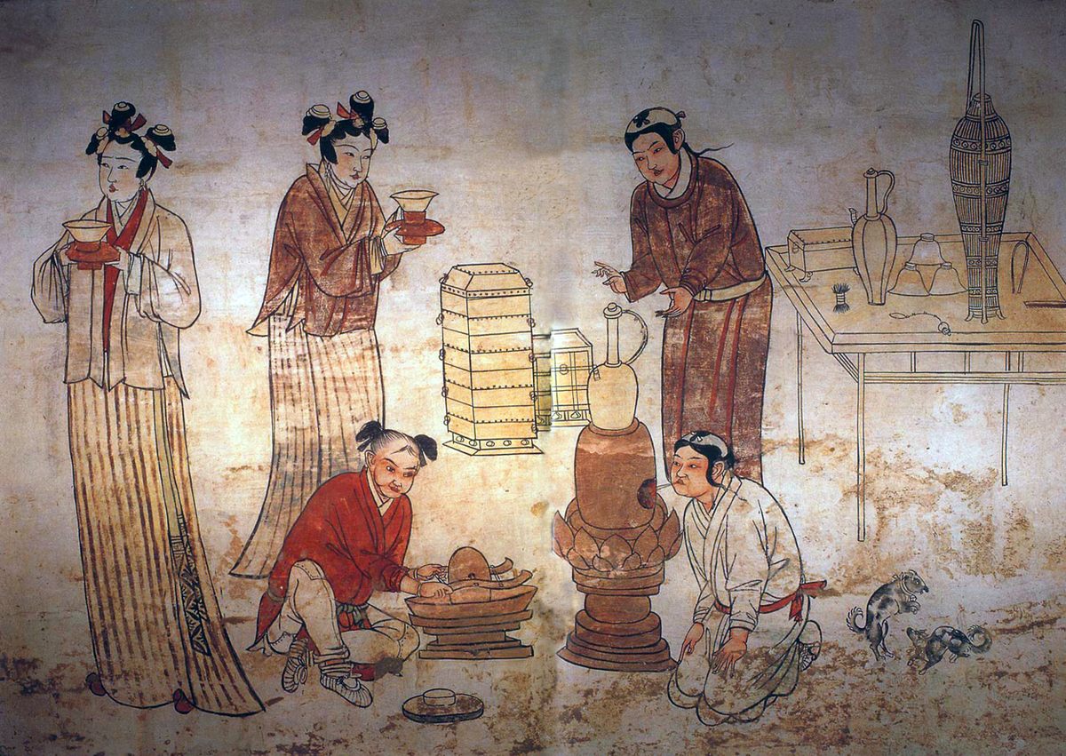 People preparing tea, as depicted in an 12th-century mural.