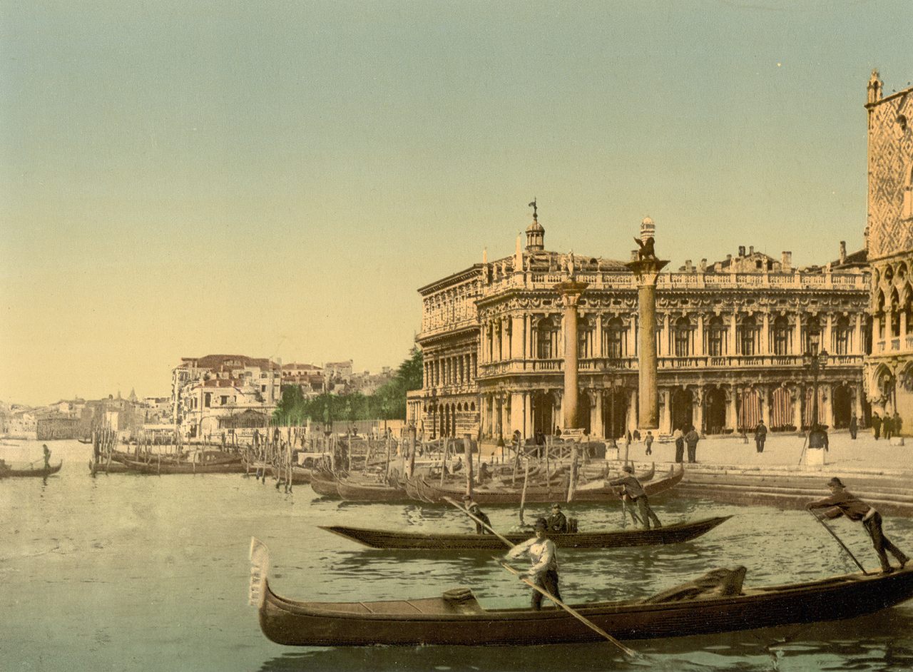 Gondolas and Piazzetta di San Marco, Venice, c. 1900. 